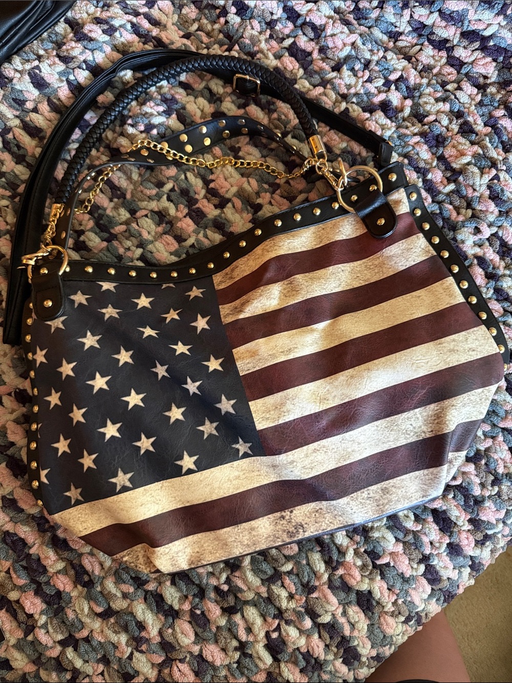 American Flag Print Black Hobo Bag with Studded Trim - Picture 2 of 4